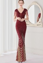 Sommer Elegantes Rot V-Ausschnitt Quasten Kurzarm Pailletten Streifen Meerjungfrau Abendkleid