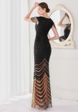 Summer Elegant Black V Neck Tassels Short Sleeve Sequins Stripe Mermaid Evening Dress