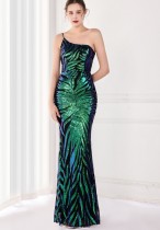 Summer Elegant Green One Shoulder Sleeveless Sequins  Mermaid Evening Dress