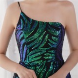 Summer Elegant Green One Shoulder Sleeveless Sequins  Mermaid Evening Dress