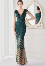Sommer Elegant Grün V-Ausschnitt Quasten Kurzarm Pailletten Streifen Meerjungfrau Abendkleid