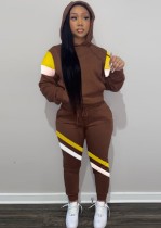 Winter Sportwear Brown Contrast Stripe Long Sleeve Hoodies And Pant Cheap Jogger Suit