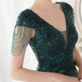 Summer Elegant Green V Neck Tassels Short Sleeve Sequins Stripe Mermaid Evening Dress