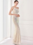 Summer Elegant Beige One Shoulder Sleeveless Sequins  Mermaid Evening Dress