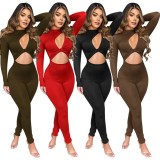 Spring Sexy Red Cut Out Long Sleeve Jumpsuit