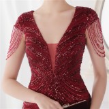 Summer Elegant Red V Neck Tassels Short Sleeve Sequins Stripe Mermaid Evening Dress