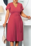 Autumn Formal Light Red V-Neck Pleated Office Dress with Belt
