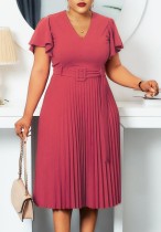 Autumn Formal Light Red V-Neck Pleated Office Dress with Belt