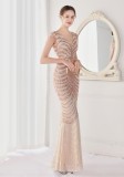 Summer Elegant Beige V Neck Tassels Short Sleeve Sequins Stripe Mermaid Evening Dress