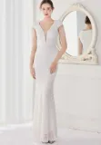 Summer Elegant White V Neck Tassels Short Sleeve Sequins Stripe Mermaid Evening Dress