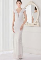 Sommer Elegant Weiß V-Ausschnitt Quasten Kurzarm Pailletten Streifen Meerjungfrau Abendkleid