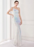 Summer Elegant White One Shoulder Sleeveless Sequins  Mermaid Evening Dress
