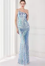 Summer Elegant Blue One Shoulder Sleeveless Sequins  Mermaid Evening Dress