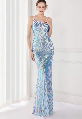 Summer Elegant Blue One Shoulder Sleeveless Sequins  Mermaid Evening Dress