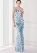 Sommer Elegant Blau One Shoulder Ärmellose Pailletten Meerjungfrau Abendkleid