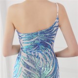 Summer Elegant Blue One Shoulder Sleeveless Sequins  Mermaid Evening Dress