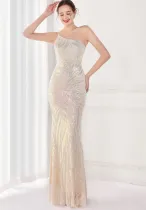 Summer Elegant Beige One Shoulder Sleeveless Sequins  Mermaid Evening Dress
