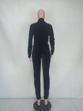 Winter Casual Black Velvet Long Sleeve Zip Blouse and Match Pants Wholesale Two Piece Clothing