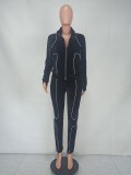 Winter Casual Black Velvet Long Sleeve Zip Blouse and Match Pants Wholesale Two Piece Clothing