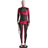 Fall Sexy Red Velvet Mesh Patch long Sleeve Tight Jumpsuit