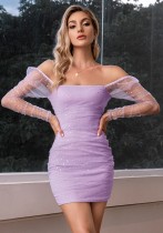 Spring Purple Off Shoulder Mesh Sexy Mini Club Dress