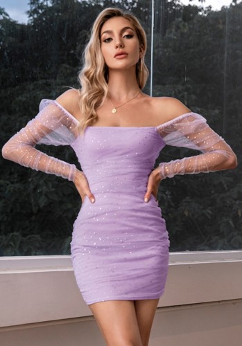 Весеннее фиолетовое сексуальное мини-клубное платье с открытыми плечами в сеточку