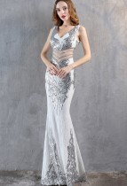 Spring Grey Formal Sequin Sleeveless V-Neck Mermaid Evening Dress