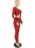 Spring Red Sexy Lace-Up Crop Top and Ruched Pants Two Piece Set