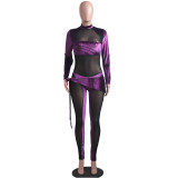 Fall Sexy Purple Velvet Mesh Patch long Sleeve Tight Jumpsuit