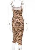 Spring Brown Zebra Print Strap Midi Party Dress