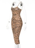 Spring Brown Zebra Print Strap Midi Party Dress