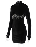 Winter Black Velvet Fringe Turtleneck Mini Club Dress