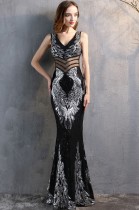Spring Black Formal Sequin Sleeveless V-Neck Mermaid Evening Dress