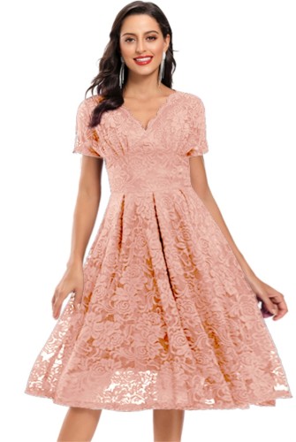 Весеннее розовое кружевное платье для подружки невесты с короткими рукавами и V-образным вырезом