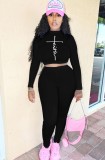 Spring Black Print Tight Crop Top and Pants Two Piece Set