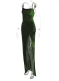 Spring Green Velvet Strap Slit Long Evening Dress