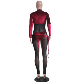 Fall Sexy Red Velvet Mesh Patch long Sleeve Tight Jumpsuit