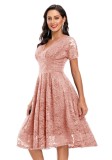 Spring Pink Lace Short Sleeves V-Neck Swing Bridemaid Dress