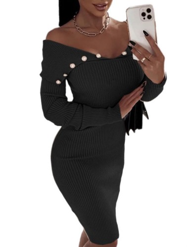 Зимнее черное вязаное сексуальное клубное платье с v-образным вырезом и открытыми плечами