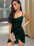 Spring Green Velvet Strap Wrap Mini Sexy Club Dress