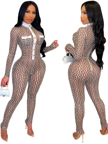 Spring Print Sexy Long Sleeve Bodycon Party Jumpsuit