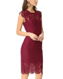Spring Red Lace Sleeveless O-Neck Knee-length Bridemaid Dress
