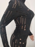 Spring Black Sexy Hollow Out Tight Top and Pants Two Piece Set