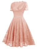 Spring Pink Lace Short Sleeves V-Neck Swing Bridemaid Dress