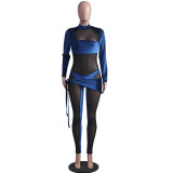 Fall Sexy Blue Velvet Mesh Patch long Sleeve Tight Jumpsuit