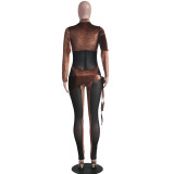 Fall Sexy Brown Velvet Mesh Patch long Sleeve Tight Jumpsuit