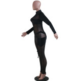 Fall Sexy Black Velvet Mesh Patch long Sleeve Tight Jumpsuit