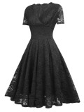 Spring Black Lace Short Sleeves V-Neck Swing Bridemaid Dress