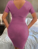 Spring Purple Short Sleeves Knitting V-Neck High Waist Club Dress