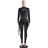 Fall Sexy Black Velvet Mesh Patch long Sleeve Tight Jumpsuit